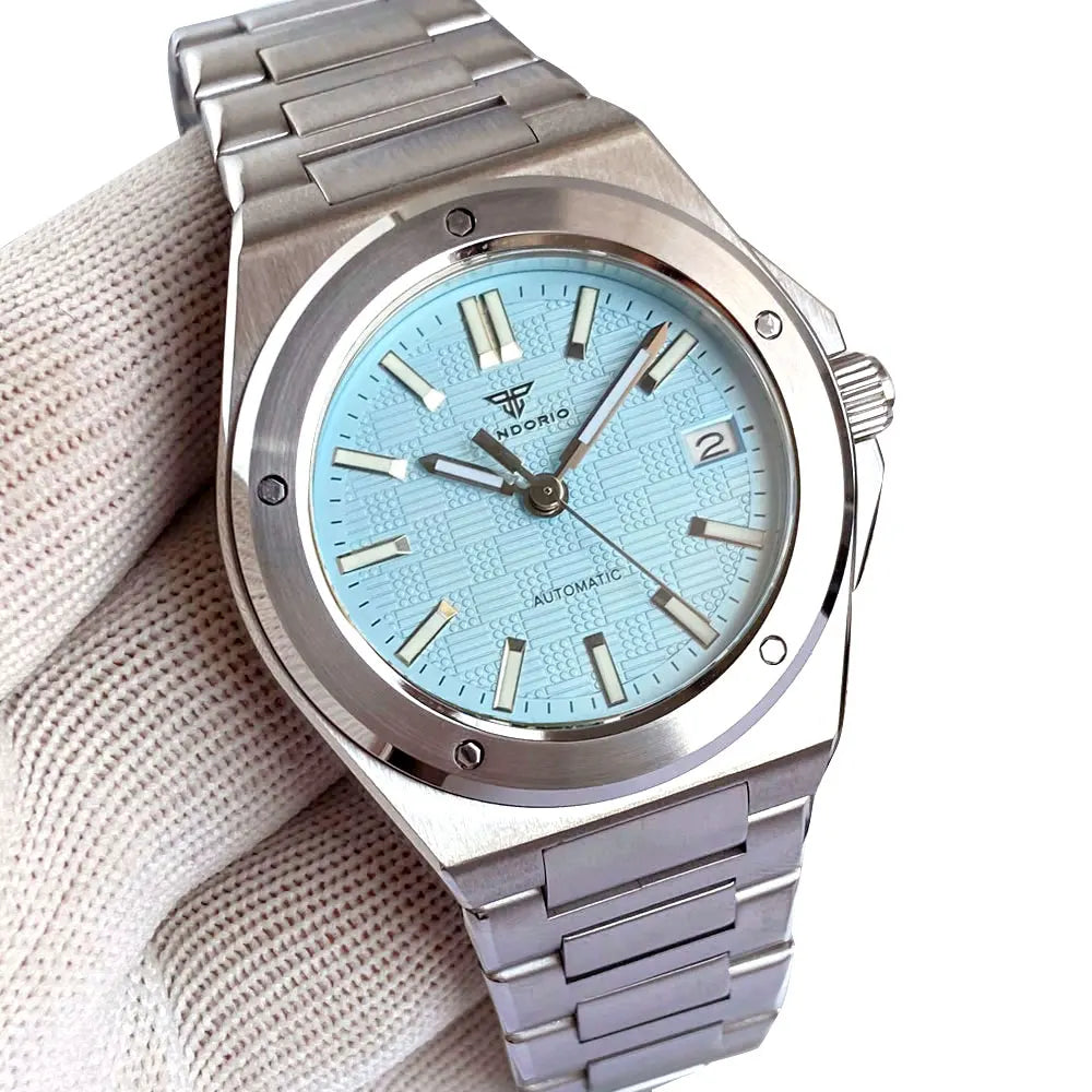 Tandorio NH35 Men Automatic Mechanical Watch Sapphire Crystal Glass 100m Waterproof Green Lume Black Square Block Dial Men Watch