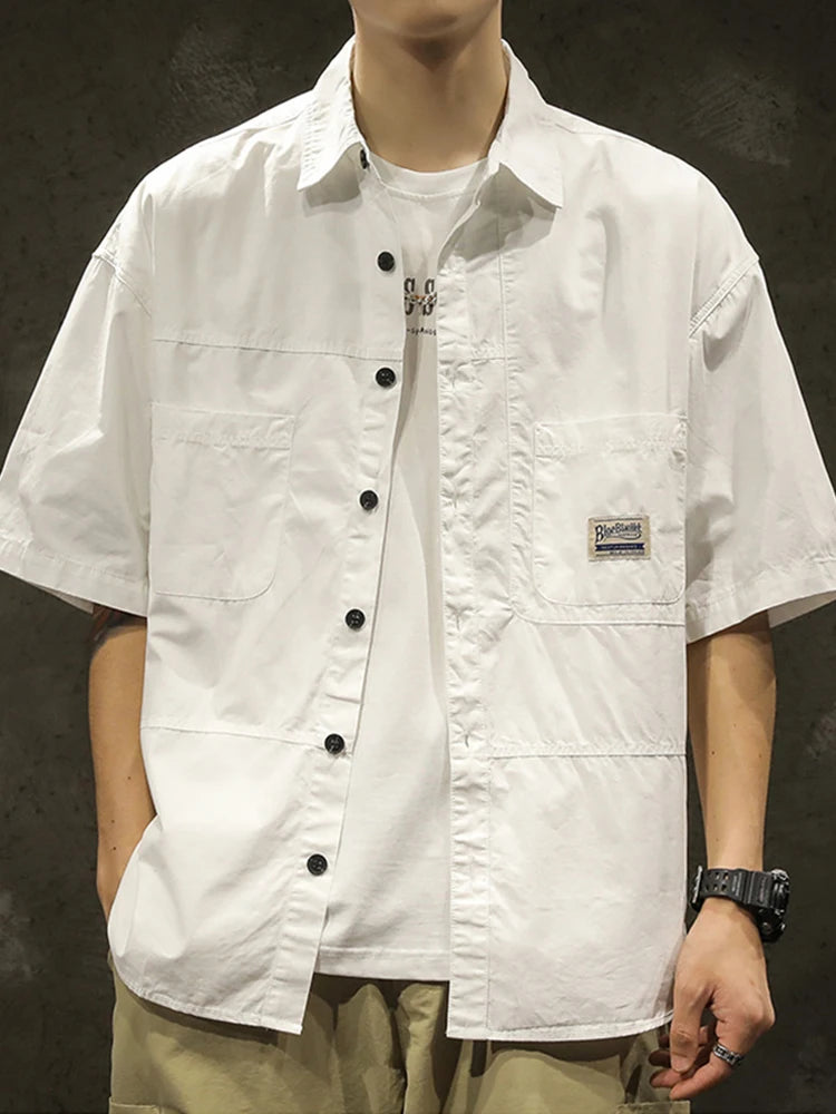 American Casual Short Sleeve Shirt For Men Summer Fashion Comfortable T-shirt 2026 New High Street Plain Lapel blouses hombre