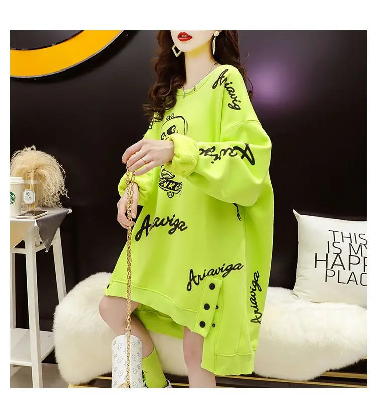 Spring Autumn Y2K Harajuku Printed Sweatshirts Women Round Neck Long Sleeve Mid-length Pullovers Korean Button Asymmetrical Tops
