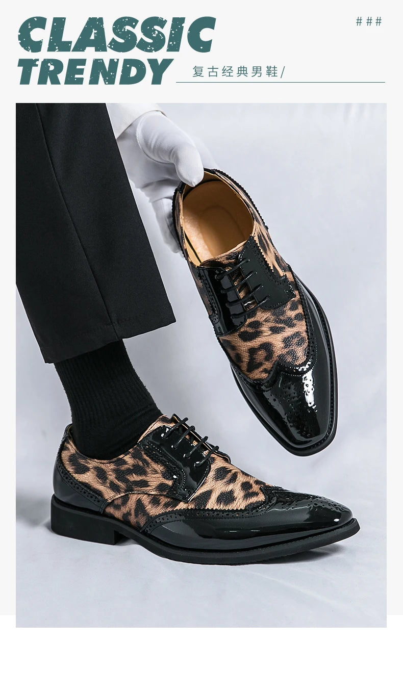 2025 Fashion Leopard Dress Shoes Man Pointed-Toe Lace-up Luxury Man Comfortable Leather Shoes For Men Plus Size 48 Oxford shoes