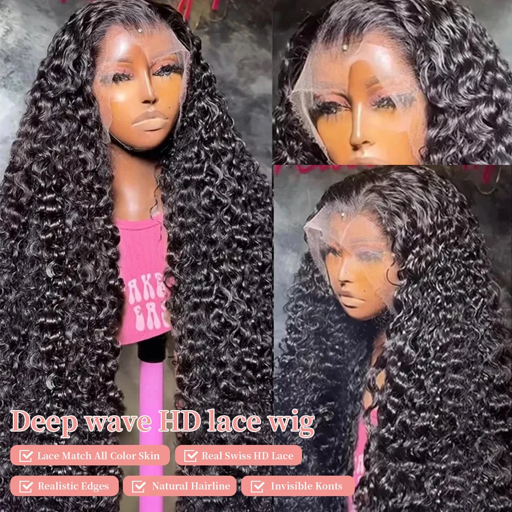 300% High Density Burmese Curly Lace Front Human Hair Wigs HD Transparent 13x6 13x4 Deep Wave Lace Frontal Wig Real Virgin Hair 40 46 Inch Water Wave Human Hair Wigs For Women Preplucked Hairline