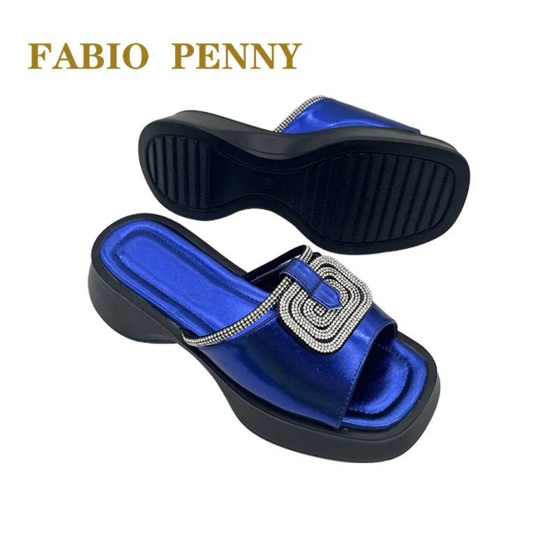 FABIO PENNY2026 new solid-color exquisite water diamond design thick-soled women's fashionable slippers and party sandals