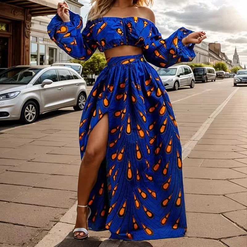 Fashion African National Women Two Piece Set Sexy Slash-neck Long Sleeve Tops +High Slit Maxi Skirt Summer Casual Ladies Suit