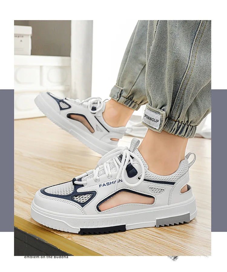 Breathable Men's Vulcanized Shoes Lace-ups Outdoor Running Shoes Comfortable Mens Sandals Mesh Casual Sneakers Summer New Tenis