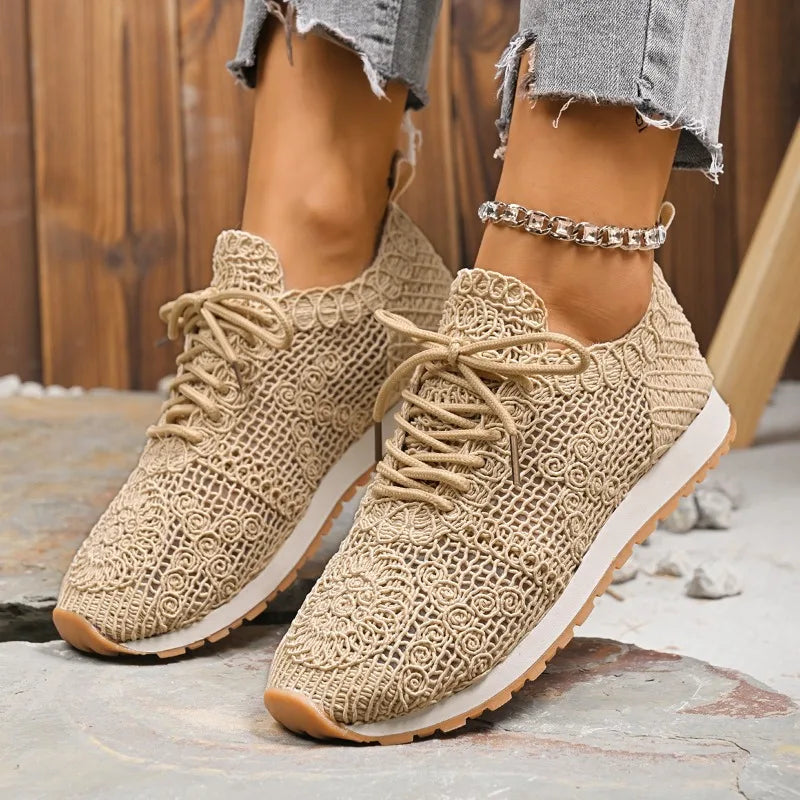 2026 Brown Knit Breathable Womens Sneakers Shoes New Platform Flats Woman Plus Size 43 Non Slip Casual Shoes Mesh Tenis De Mujer