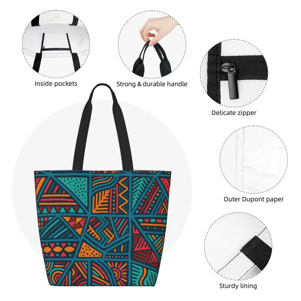 African Ankara Prints Grocery Shopping Tote Bags Women Geometric Ethnic Art Canvas Shoulder Shopper Bags Big Capacity Handbag