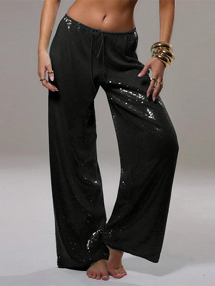 Women Sequin Pants Cinched Waist Glitter Baggy Straight Long Trousers