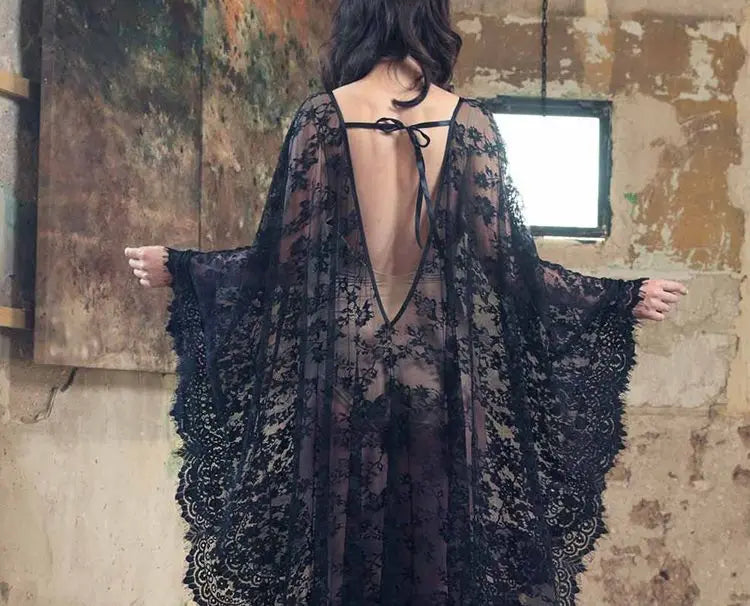 Sexy Lace Beach Bikini Cover Up Robe Pareo Beachwear Swimwear Women Dress Black White Swimsuit Hollow Out See-through Vacation