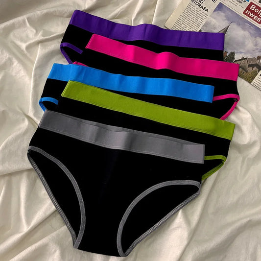 5Pcs/Set Sport Cotton Panties Women Middle Waist Briefs Girls Solid Color Underwear Breathable Underpants Color Blocked Triangle