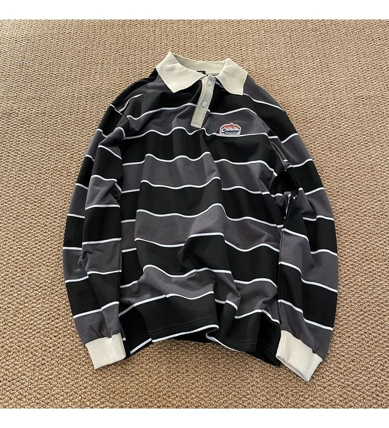 2022 Japan Retro Striped Long-sleeved POLO Shirt Top Men Women Loose Trend Couple BF Lapel Sweatshirt Preppy Hip Hop Cool Shirts
