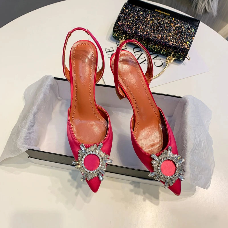 Large 43 Blue Women's High Heels Silk Satin Pointed Toe Rhinestone Crystal Heels Slip on Women's Wedding High Heels Sandals 2026