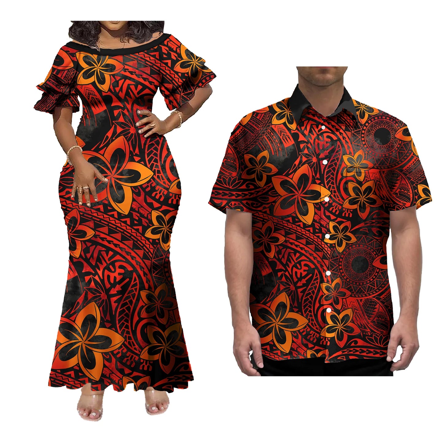 Mermaid Dress And Buttons Shirt Polynesian Couple 2 Pcs Set Plus Size Party Samoan Puletasi Matching Couple Outfits
