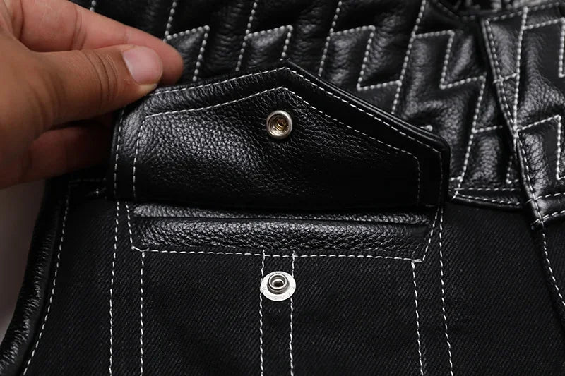 SOA Club Style Motorcycle Leather Vest Men Cowhide Denim Patchwork Waistcoat Sons of Anarchy Biker Vests Man Sleeveless Jacket