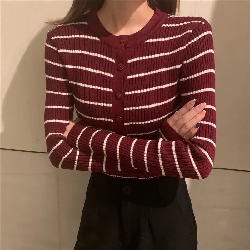 ITOOLIN Women Stripes O-neck Buttoned Up Sweaters Long Sleeve Knitted Sweater Slim Women Jumpers Tops Autumn Winter One Size