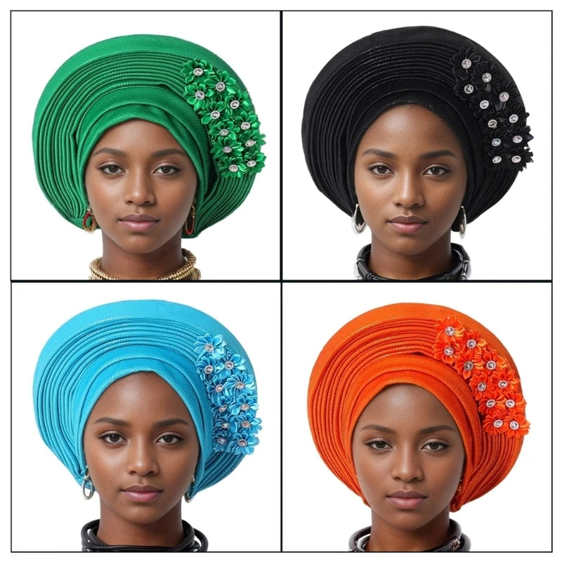 39BD African Turban Headwrap for Female Fashion Formal Head Scarf Bonnet Hat Turban Ethnic Flower Head Turban Nigerian Hat