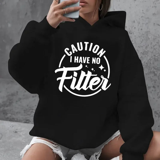 Caution I Have No Filtes Printed Hoodie, Women's Casual Pocket Pullover, Autumn/Winter Fleece Sweatshirt, Comfortable Hoodie