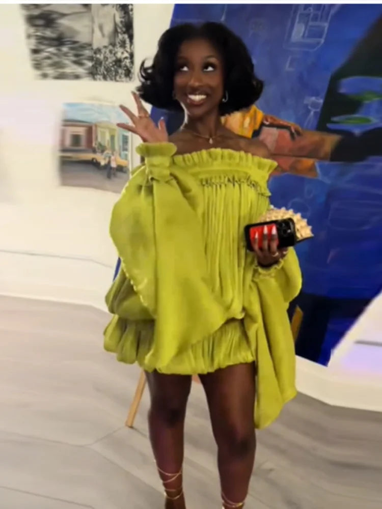 Women's Y2k Off Shoulder Pleated Mini Dress Elegant Lime Green Flare Long Sleeve Ruffle Hem Bubble Vestidos Date Party Dresses