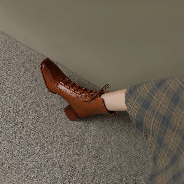 2026 Fashion Women Shoes Split Leather Short Boots Square Toe Chunky Boots Winter Shoes Women Solid High Heel Boots for Women