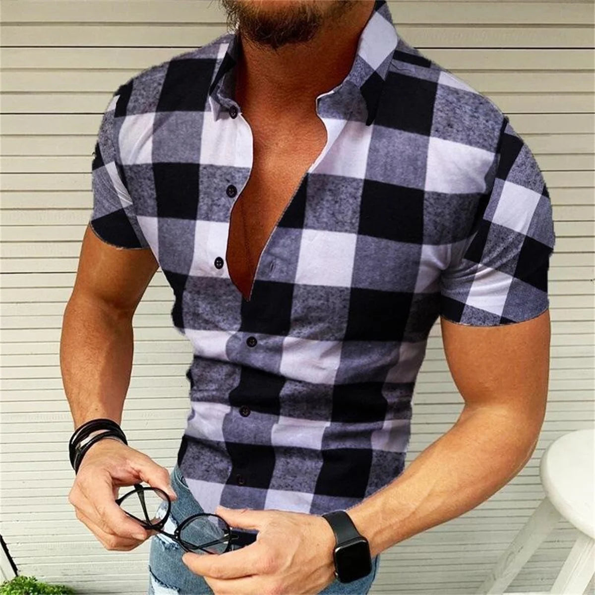Men's spring and summer new fashion casual lapel short sleeve cardigan personalized printed shirt