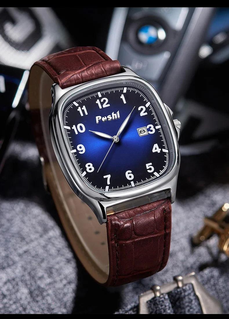 POSHI Men's Quartz Watches Leather Strap Casual Men Wristwatch Waterproof Date Luminous Luxury Business Watch for Man Male Gifts