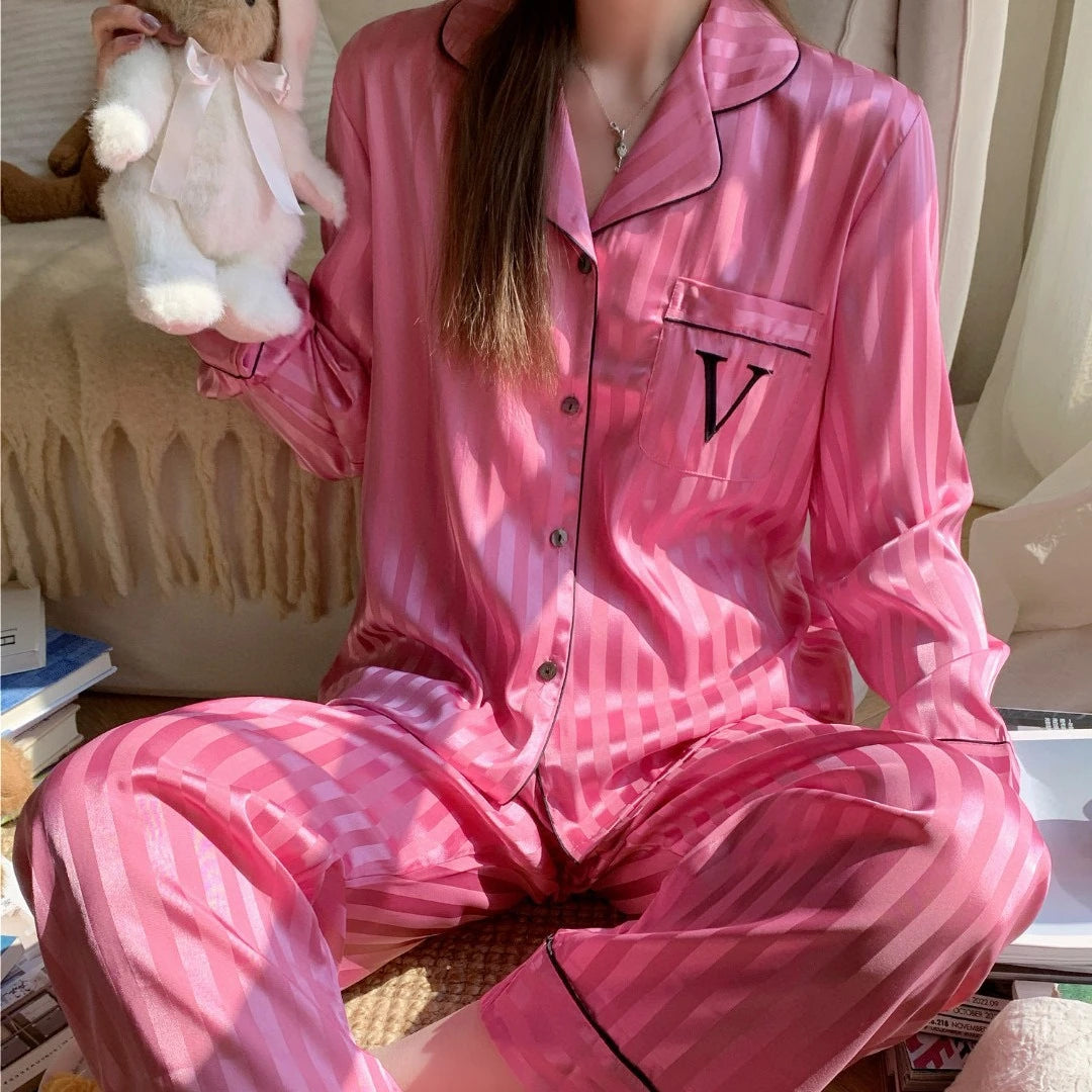 Silky Satin Pajama For Women Striped 2PCS Sleep Set Homewear 2025 Spring New Long Sleeve Trouser Suits Loungewear Nightwear