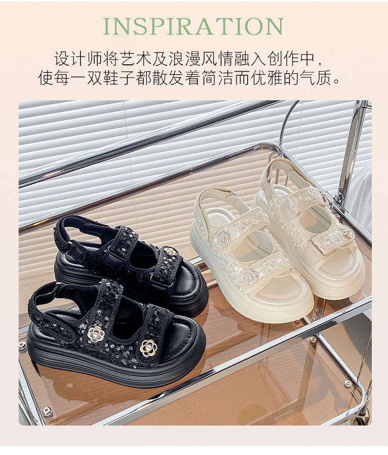 Women's Platform Sandals Handmade Leather Rubber Bottom Flat Sandals Metal Decorative Element Summer Casual Ladies Outdoor Shoes