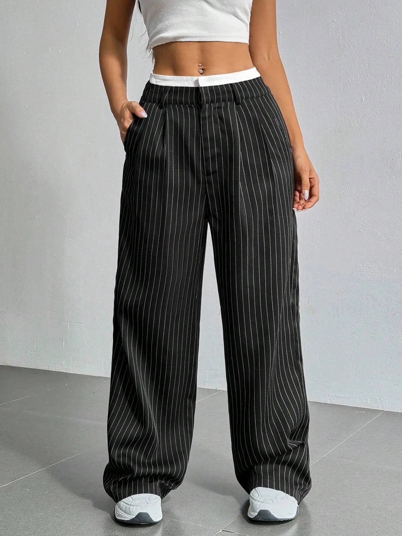 Fashion Pants Women's Stripe Straight Pants 2024 Autumn Winter High Waisted Casual Suit Pants Office Lady Women Trousers Bottoms BAZAARHUBO