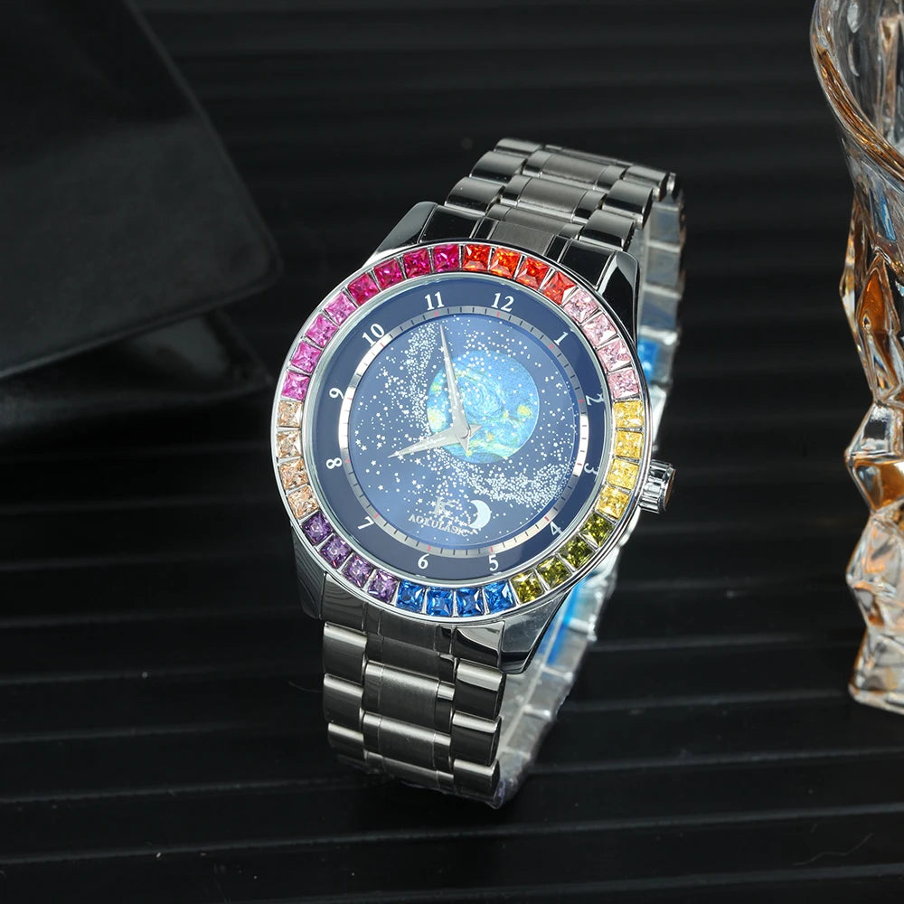 Fashion Starry Sky Luminous Mechanical Watch for Men Leather Steel Strap Luxury Brand Business Automatic Mens Watches AOKULASIC