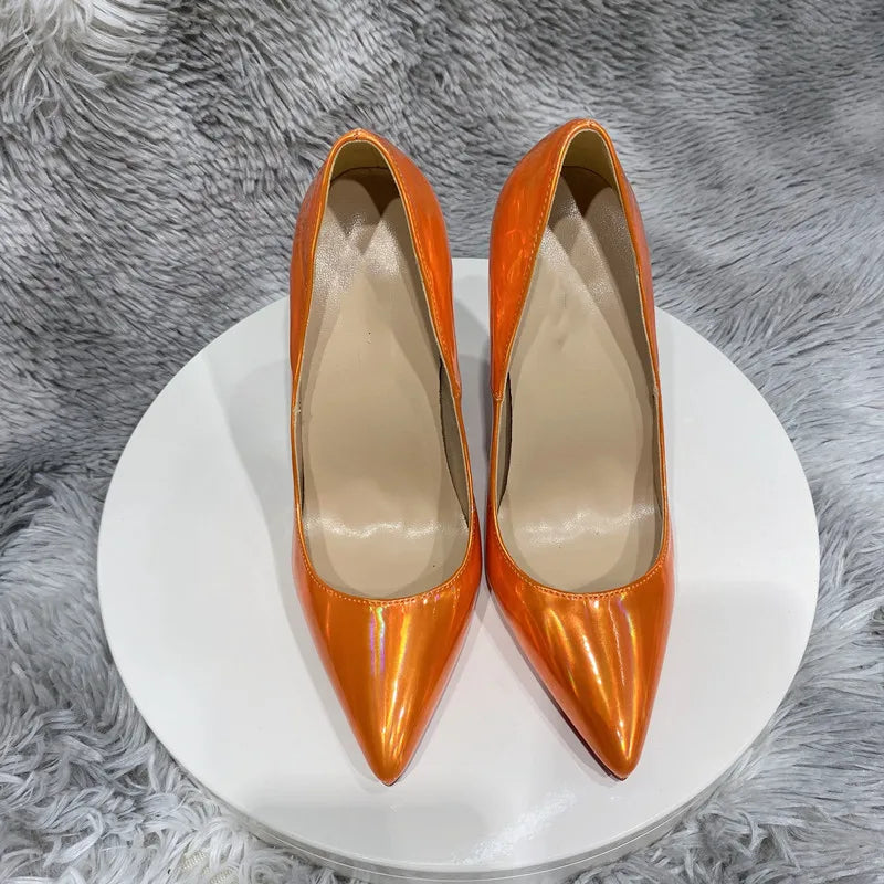Orange Mirror High Heels 8CM 10CM 12CM Fashion Glossy  Holographic Women Shoes For Nightclub Club Party Size 45 Thin Heel Pumps