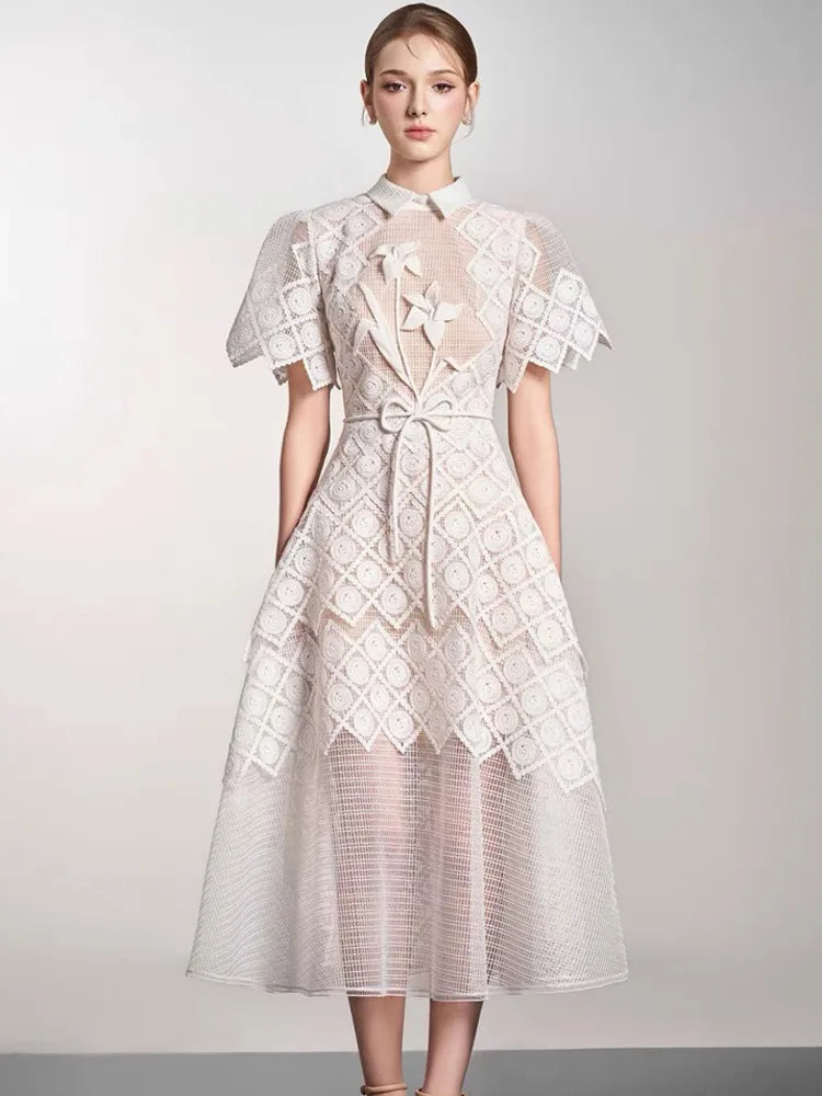 QMQA Fashion Women's Evening Dress Lapel Short Sleeve Lace Patchwork 3D Flower Lace-up Elegant Dresses Spring 2025 New QM269