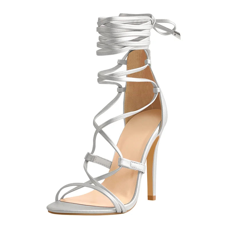 onlymaker Women Peep Toe Gladiator Ankle Strap Lace up 12CM High Heels Black Open Toe Stiletto Heeled Strappy Sandals