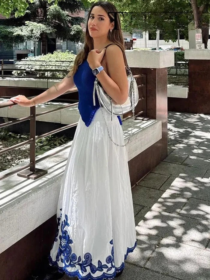 Women's 2-piece Set Of Blue Embroidered Single-breasted Loose Shirt + Chic High-waisted Loose Pleated Street Skirt Suit