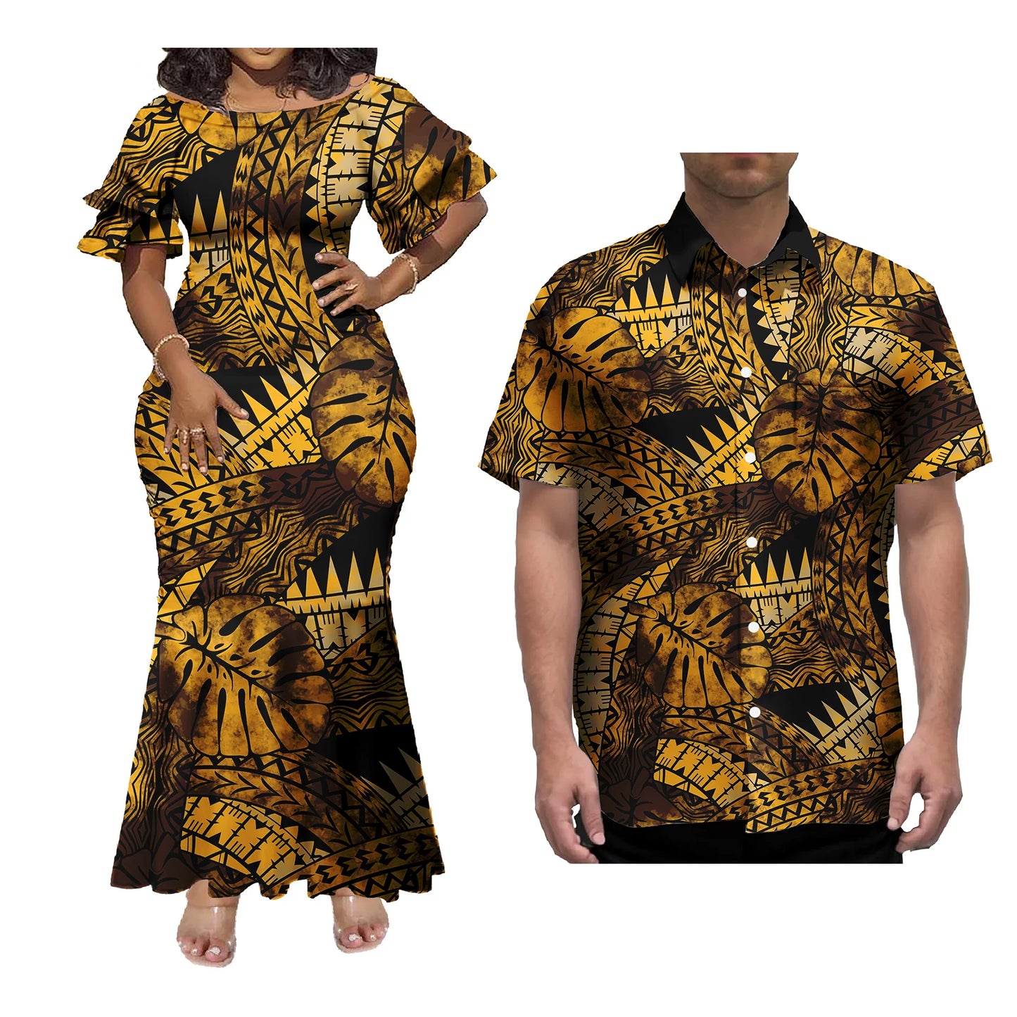 Mermaid Dress And Buttons Shirt Polynesian Couple 2 Pcs Set Plus Size Party Samoan Puletasi Matching Couple Outfits
