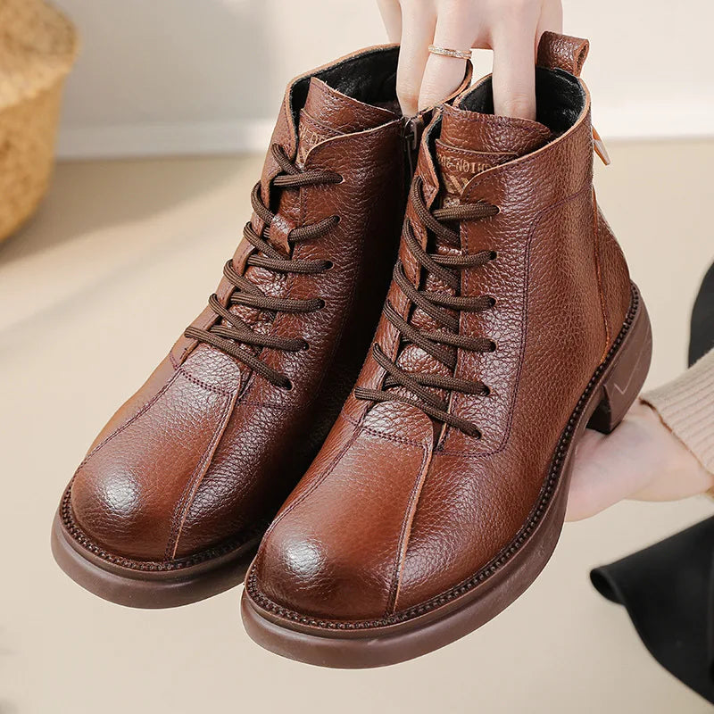 Xiuteng Autumn New Cowhide Mid-Heel Soft-Soled Women's Short Boots Retro Casual Leather  Boots Warm Women's Cotton Shoes