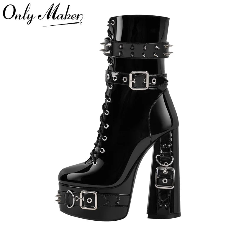 Onlymaker Women Platform Metal Buckles Lace-up Chunky Heel Ankle Boots Big Size Punk Booties