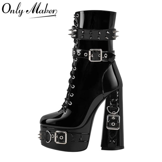 Onlymaker Women Platform Metal Buckles Lace-up Chunky Heel Ankle Boots Big Size Punk Booties