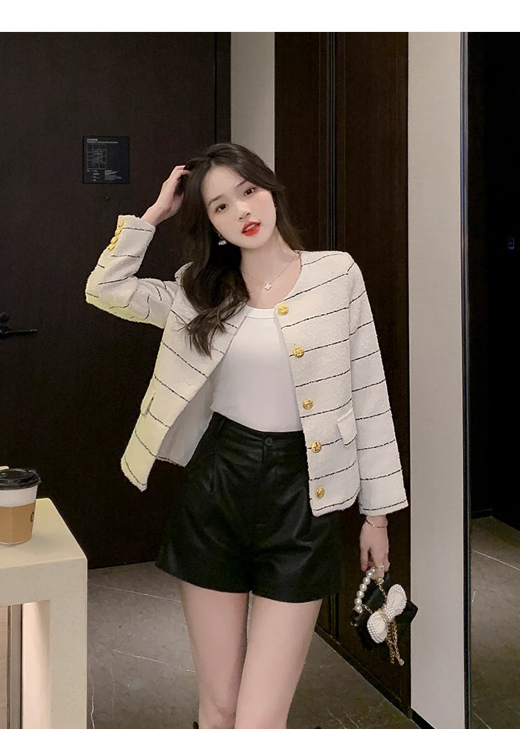 Korean Fashion Casual Small Fragrance Tweed Jacket Coat Women Fall Winter Fried Street Striped Coat Casaco Woolen Outwear Top