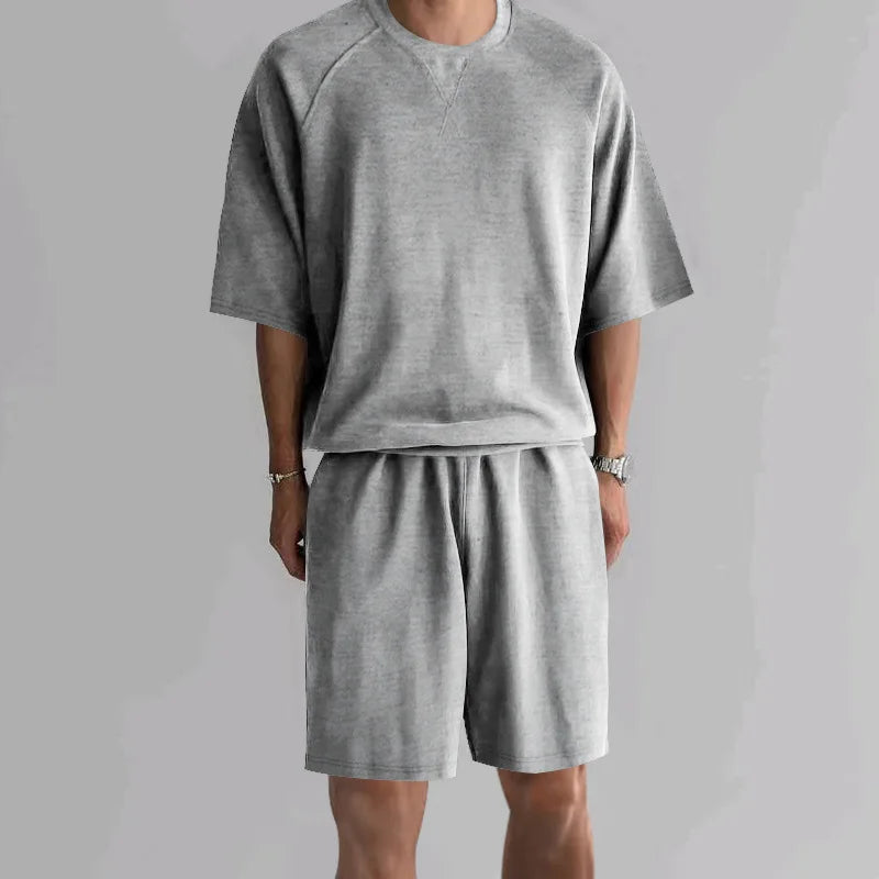 New 2026 Summer Men's Two Piece Sets Casual Loose Short Sleeve O Neck Tees and Shorts Tracksuits Men Stylish Solid Color Suits