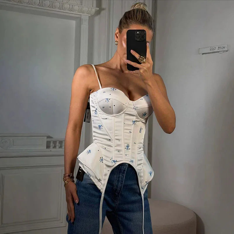 Sexy Print Fishbone Sling Tops Women Bandage Ribbon Patchwork Fitted Corset Female 2026 Summer New Chic Evening Party Tanks Lady