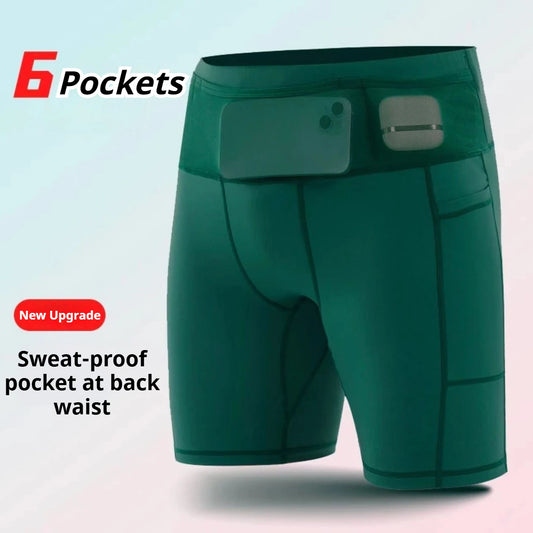 Compression Running Shorts Quarter Length Quick Dry Tight Fit with 6 Pockets for Marathon Training Trail Men Women Multi-Pocket
