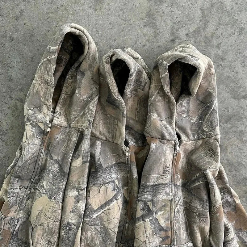 Sweatshirt Hoodie Y2K Retro zip up Camouflage Pattern zipper High Street Hip Hop Streetwear Oversized Unisex Camo Hoodie BAZAARHUBO
