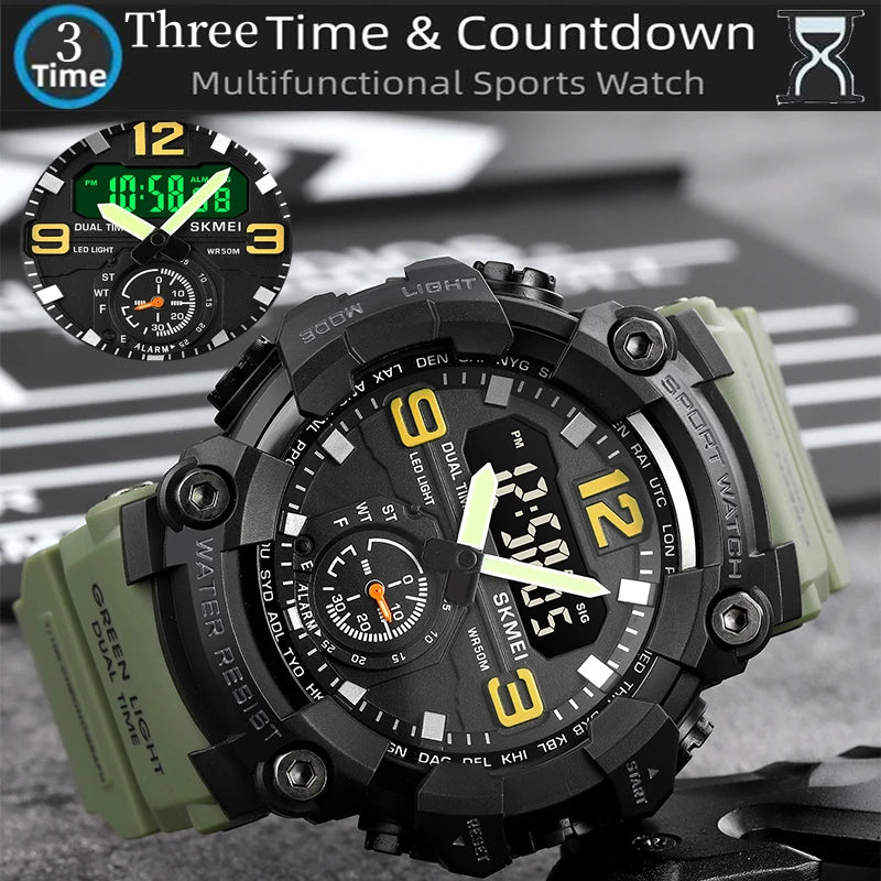Skmei Men's Military Sport's Wristwatch Fashion Big Size Dial Quartz Analog Three Time Zone Male Led Waterproof Stop Watches