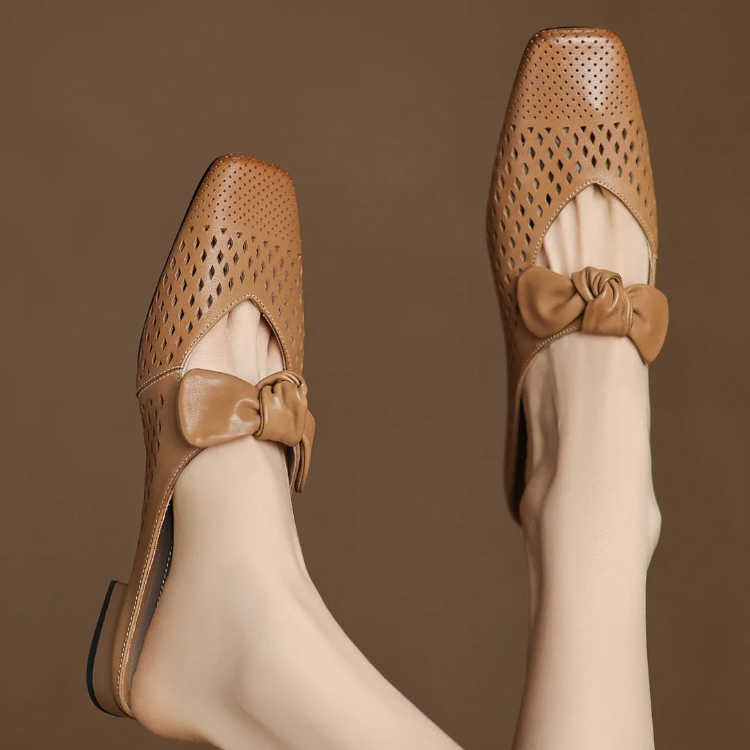 2025 Summer new plus size 34-41 women's hollow-out cow leather slip-on flats summer slides sandals sweet bowtie elegant mules