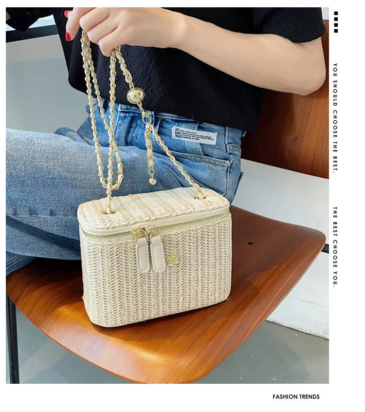 2023 Mini Straw Bucket Crossbody bag For Women Summer Weave Women's Brand Handbags And Purses Fashion Chain Simple Shoulder Bags