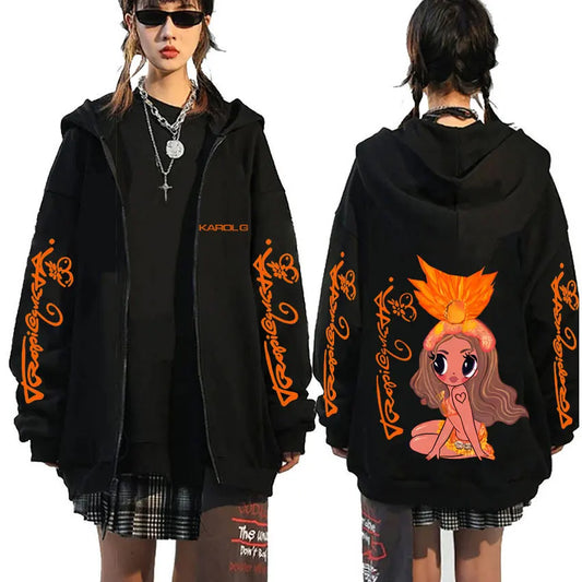 Karol G Tropicoqueta 2025 Zipper Hoodie Men Women Fashion Pop Music Zip Up Jacket Coat Unisex Casual Oversized Zip Up Sweatshirt