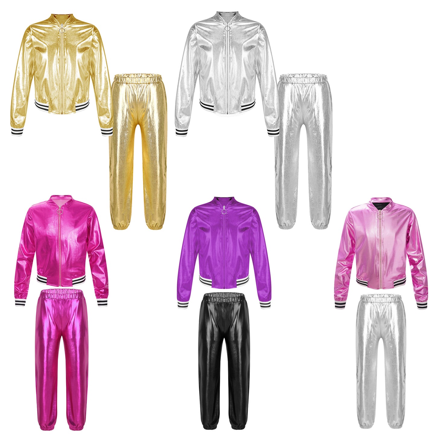 Kids Girls Sports Outfits Jazz Hip Hop Street Dance Costume Shiny Metallic Long Sleeves Bomber Jacket Coat with Pants Streetwear