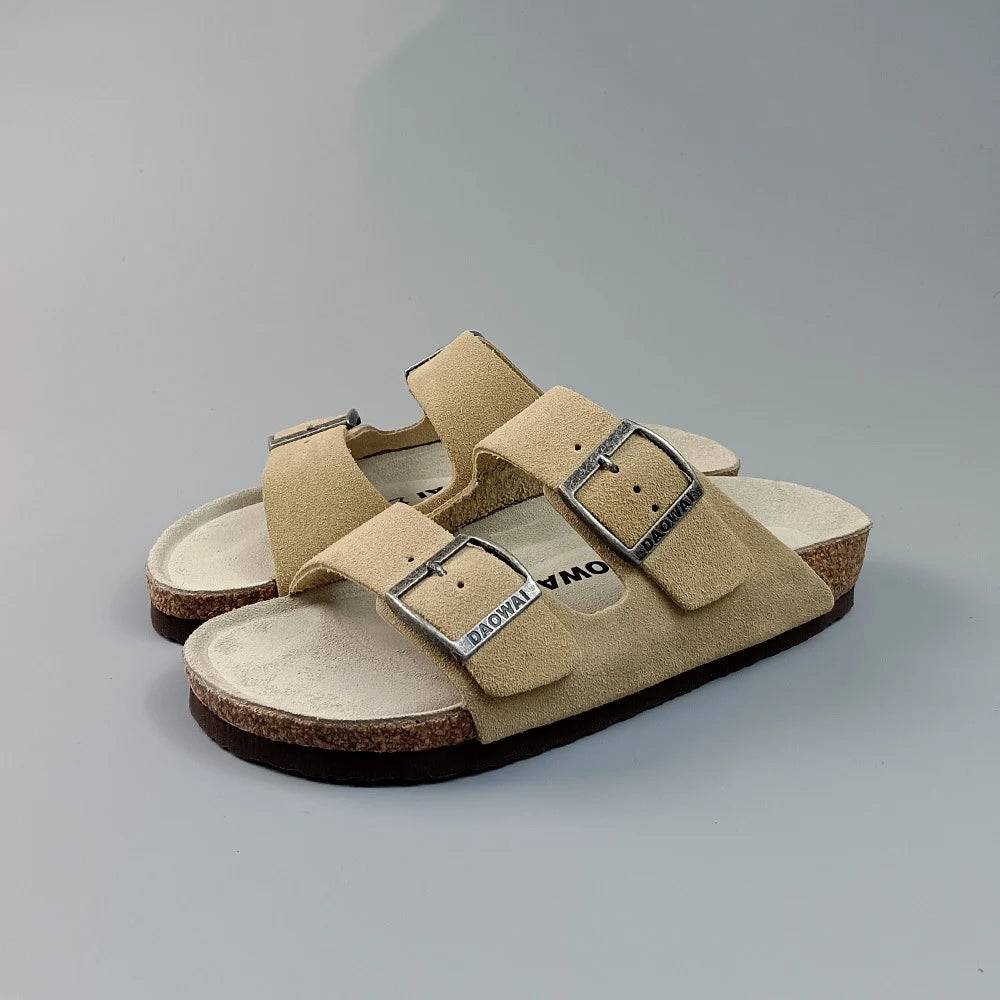 Genuine Leather Men Women Cow Suede Slippers Boy Girl Beach Slides Classic Cork Footbed Women Sandals  With Orthopedic Diabetic