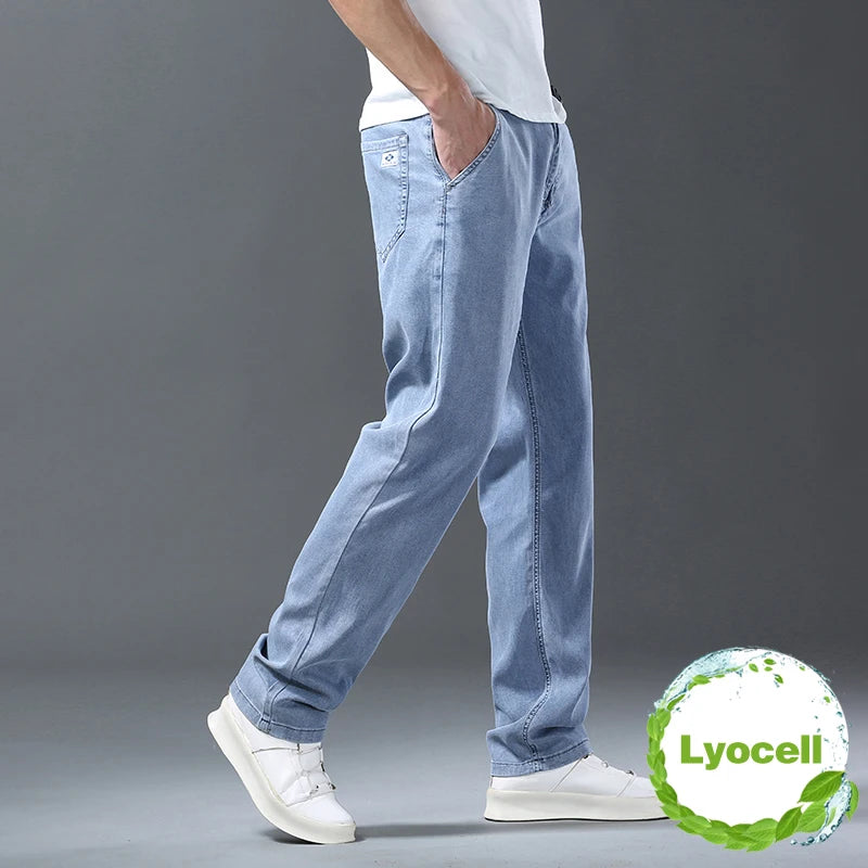 Lyocell Ice Silk Jeans Men's Summer Ultra-thin Loose Straight Denim Pants Soft Comfortable Brand Male Light Blue Trousers