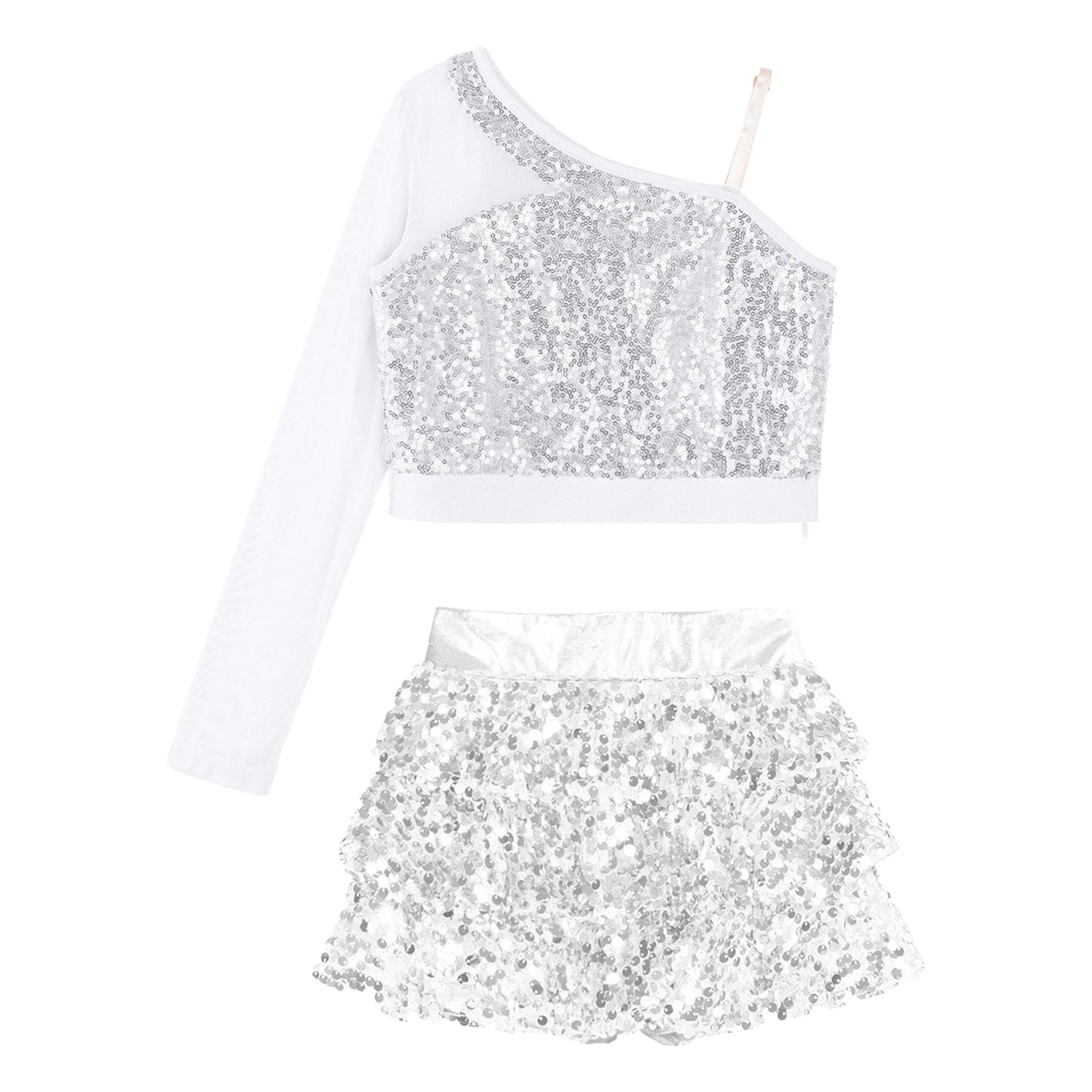 Kids Girls Dance Dresses Latin Jazz Modern Dance Show Costume Sequin Long Sleeve Crop Tops and Skirted Culottes Cheer Dancewear