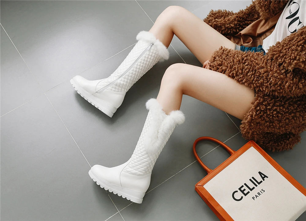 Winter Warm Fur Knee High Boots Womens Platform Snow Boots High Heels Female Padded Shoes  High Boots  Free Ship Big Size 41